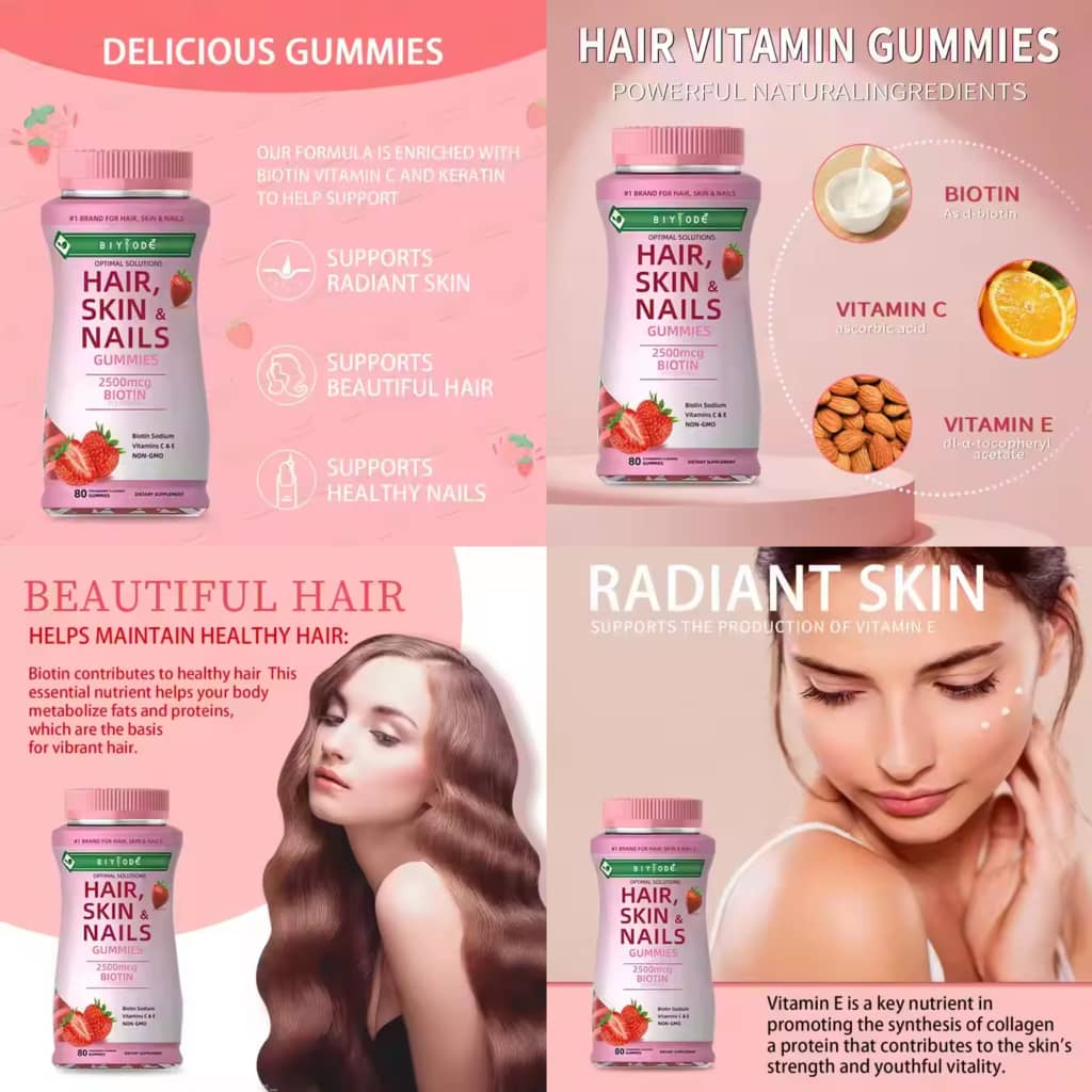 OEM Collagène Santé Suppléments Biotine Fraise Vitamine Cheveux Gommes pour la Peau et les Ongles pour les Cheveux, la Peau et les Ongles Gommes